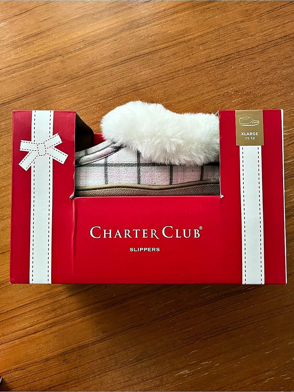Women’s Charter Club Faux-Fur-Trim Plaid Boxed Slippers Pink & White XL 11-12